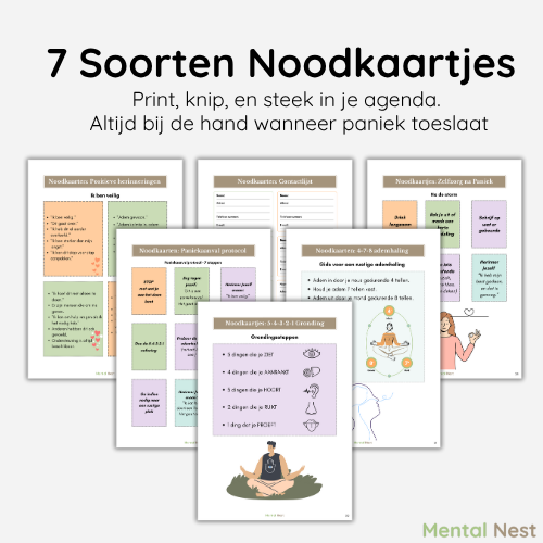 Afbeelding van 7 soorten noodkaartjes om te printen, knippen en in je agenda te steken, voor gebruik bij acute paniek.
