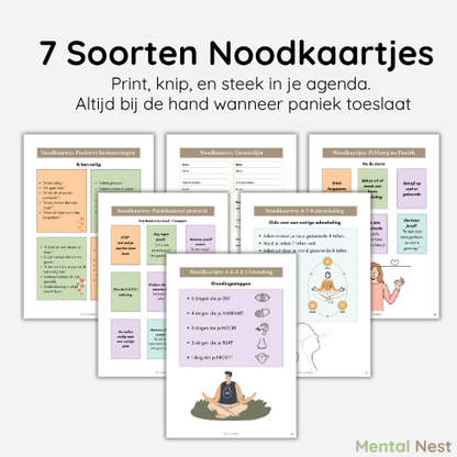 Afbeelding van 7 soorten noodkaartjes om te printen, knippen en in je agenda te steken, voor gebruik bij acute paniek.