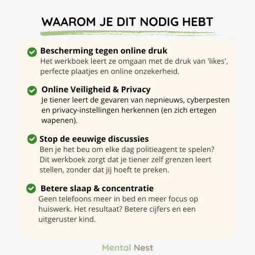 Infographic over schermverslaving bij tieners: dopamine problemen, slaaptekort en ruzie over de telefoon.