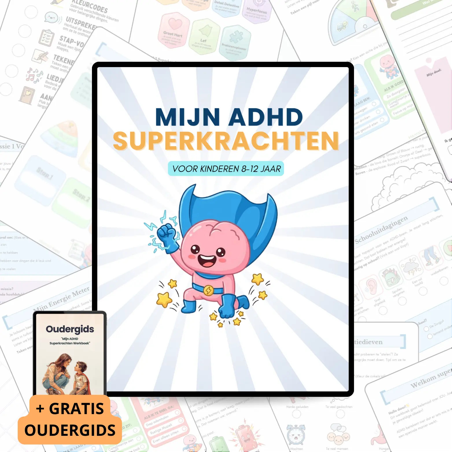 Mijn ADHD Superkrachten Werkboek van Mental Nest inclusief gratis oudergids. Digitale toolkit voor kinderen van 8 tot 12 jaar voor emotieregulatie en zelfvertrouwen.