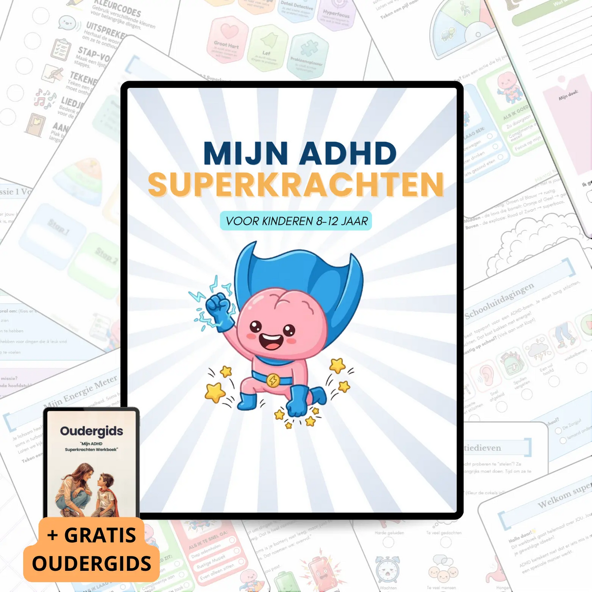 Mijn ADHD Superkrachten Werkboek van Mental Nest inclusief gratis oudergids. Digitale toolkit voor kinderen van 8 tot 12 jaar voor emotieregulatie en zelfvertrouwen.