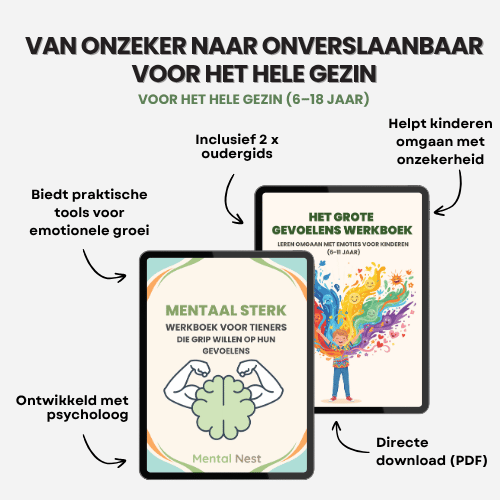 Werkboeken voor kind en tiener met praktische tools; ontwikkeld met psycholoog; directe PDF-download; inclusief 2× oudergids