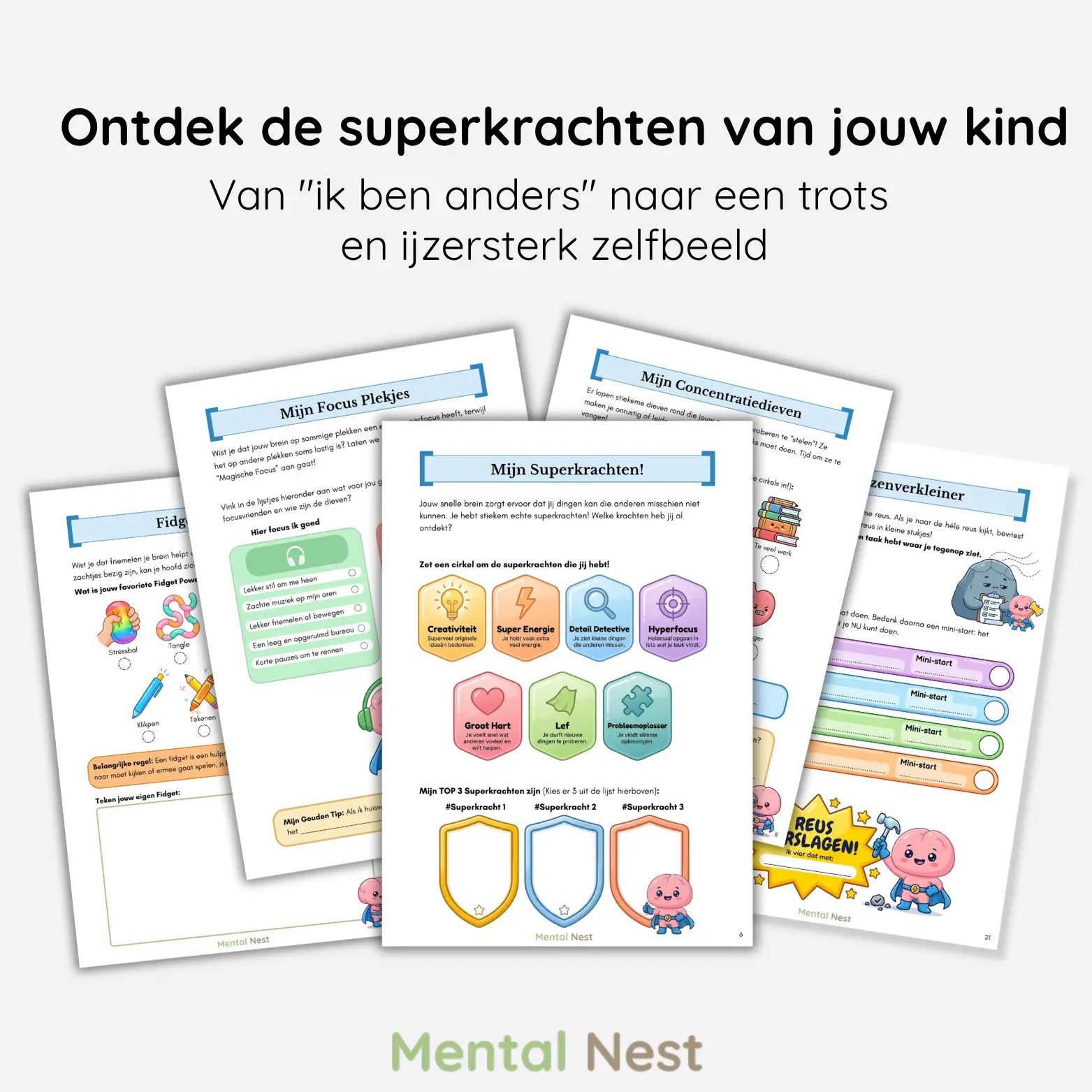 Voorbeeldpagina's uit het ADHD Superkrachten Werkboek van Mental Nest, speciaal ontworpen voor het vergroten van zelfvertrouwen en het ontdekken van talenten bij kinderen met ADHD.