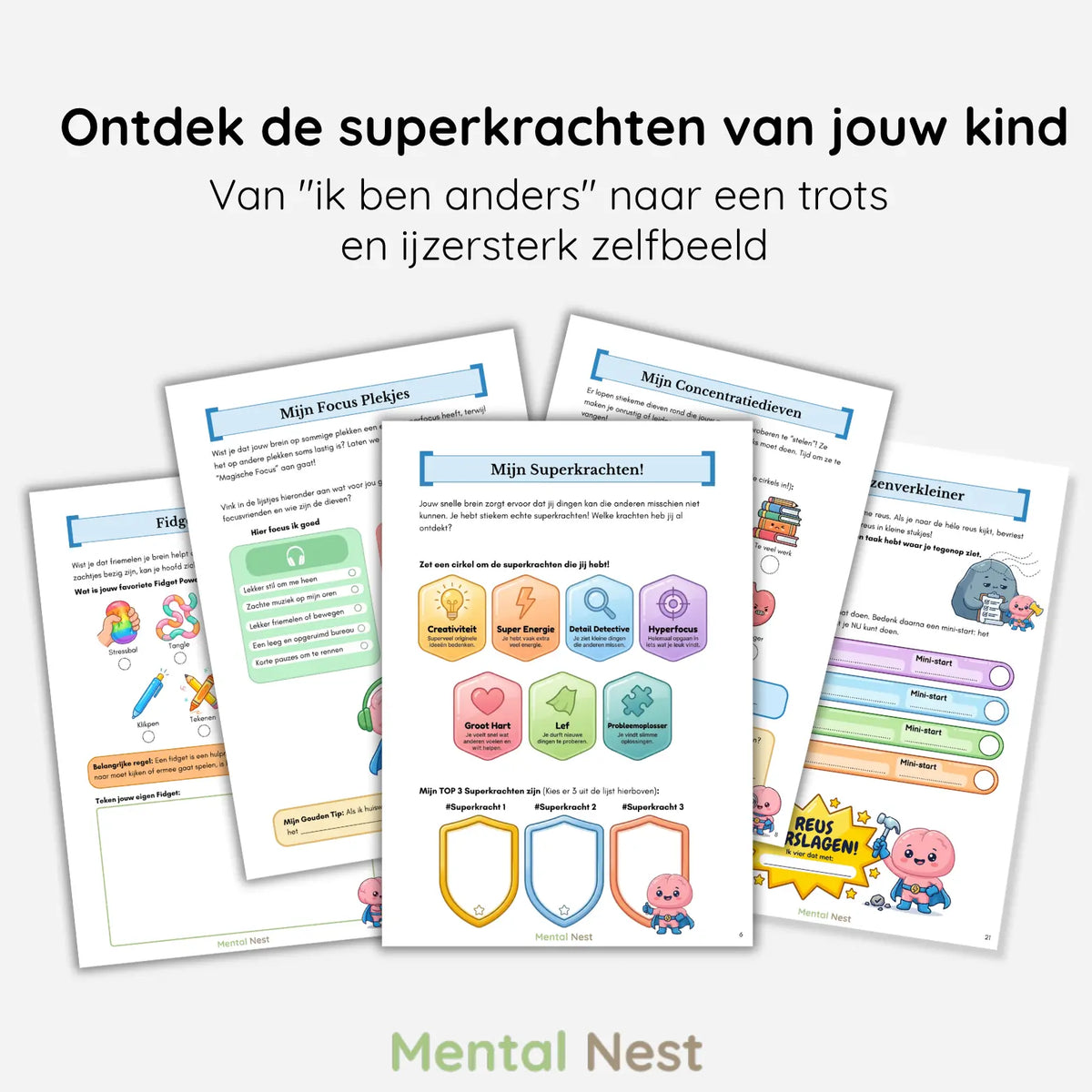 Voorbeeldpagina's uit het ADHD Superkrachten Werkboek van Mental Nest, speciaal ontworpen voor het vergroten van zelfvertrouwen en het ontdekken van talenten bij kinderen met ADHD.