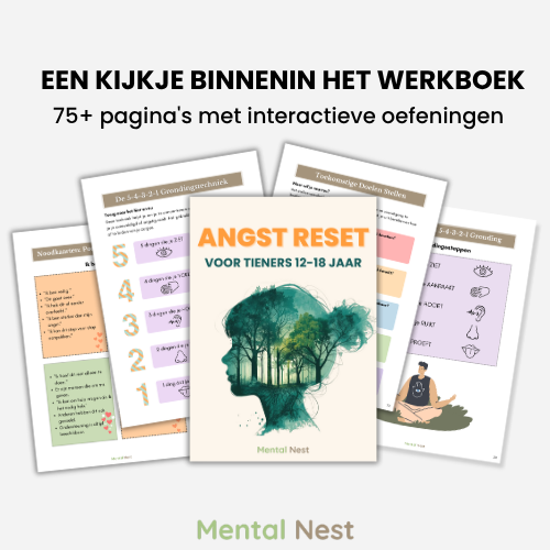 Afbeelding van verschillende voorbeeldpagina's van het Angst Reset Werkboek, met oefeningen voor angst beheersing en zelfvertrouwen.
