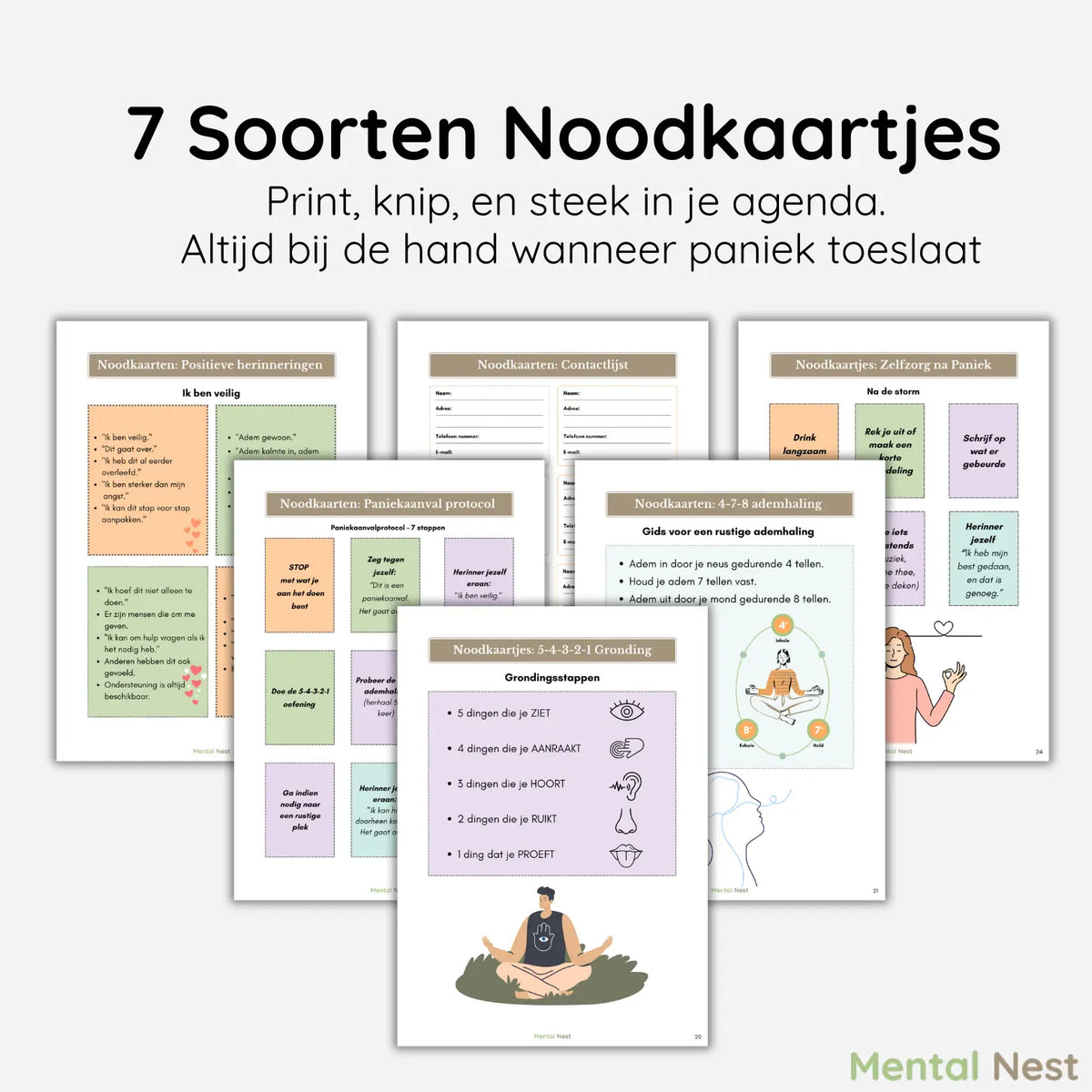 Afbeelding van 7 soorten noodkaartjes om te printen, knippen en in je agenda te steken, voor gebruik bij acute paniek.