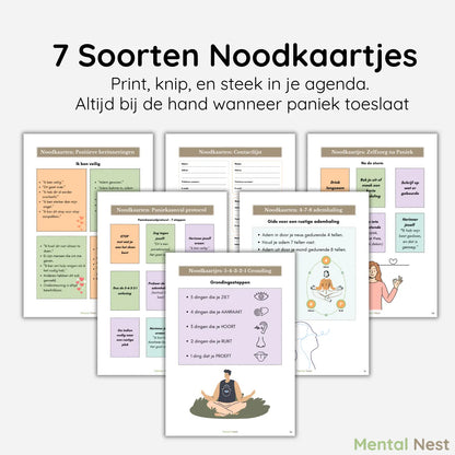 Afbeelding van 7 soorten noodkaartjes om te printen, knippen en in je agenda te steken, voor gebruik bij acute paniek.