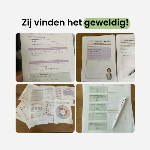 collage met klant testimonials en voorbeelden van werkbladen