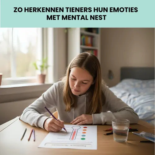 oto van een tiener die schrijft in het werkboek 'Mentaal Sterk', ter illustratie van de oefeningen voor emotionele vaardigheden.