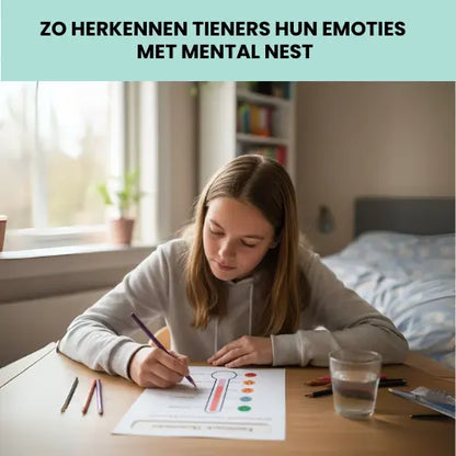 oto van een tiener die schrijft in het werkboek 'Mentaal Sterk', ter illustratie van de oefeningen voor emotionele vaardigheden.