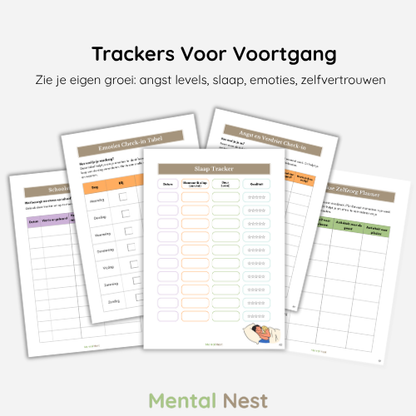 Voorbeeldpagina's van trackers uit de Angst Reset Werkboek, om de voortgang van angstlevels, slaap, emoties en zelfvertrouwen bij te houden.