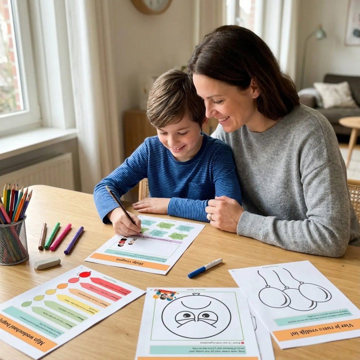 Moeder met kind vult samen het werkboek omgaan met woede in