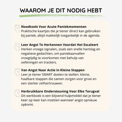 Uitleg over de voordelen van het Angst Reset Werkboek, zoals noodzaak voor acute paniekmomenten en herbruikbare ondersteuning.