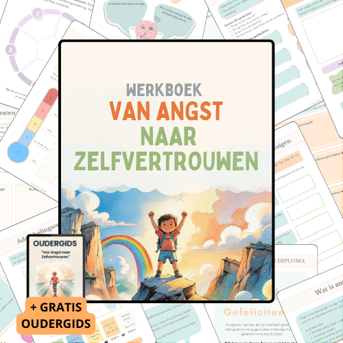 Kind op bergtop met rugzak, uitkijkend over kleurrijk landschap met regenboog en zonsondergang, illustratie bij werkboek 'Van Angst naar Zelfvertrouwen' van Mental Nest