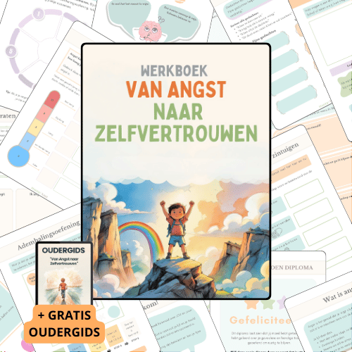 Kind op bergtop met rugzak, uitkijkend over kleurrijk landschap met regenboog en zonsondergang, illustratie bij werkboek 'Van Angst naar Zelfvertrouwen' van Mental Nest