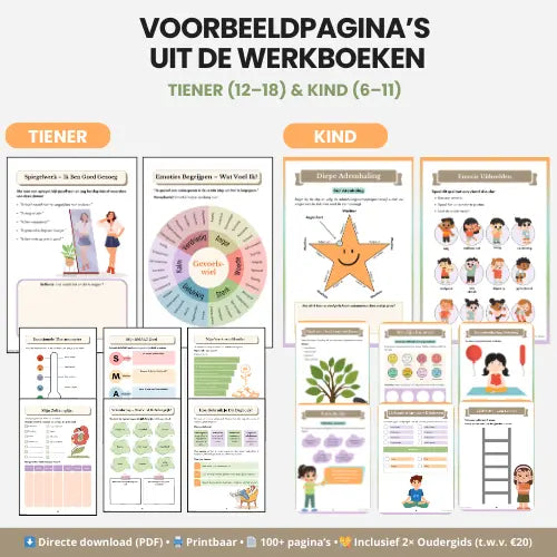 Voorbeeldpagina’s uit tiener- en kinderwerkboek: emotiewiel, spiegelwerk, ademhalingsoefeningen; 100+ printbare pagina’s