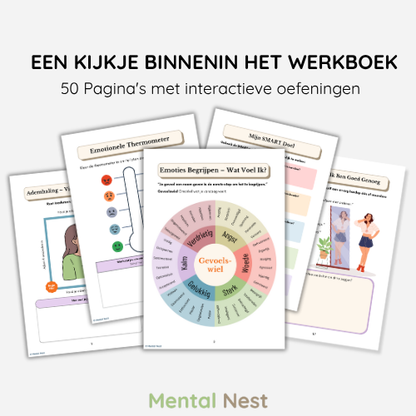 Illustratie van voorbeeldpagina's uit het werkboek 'Mentaal Sterk', met oefeningen voor emoties, angst en zelfvertrouwen