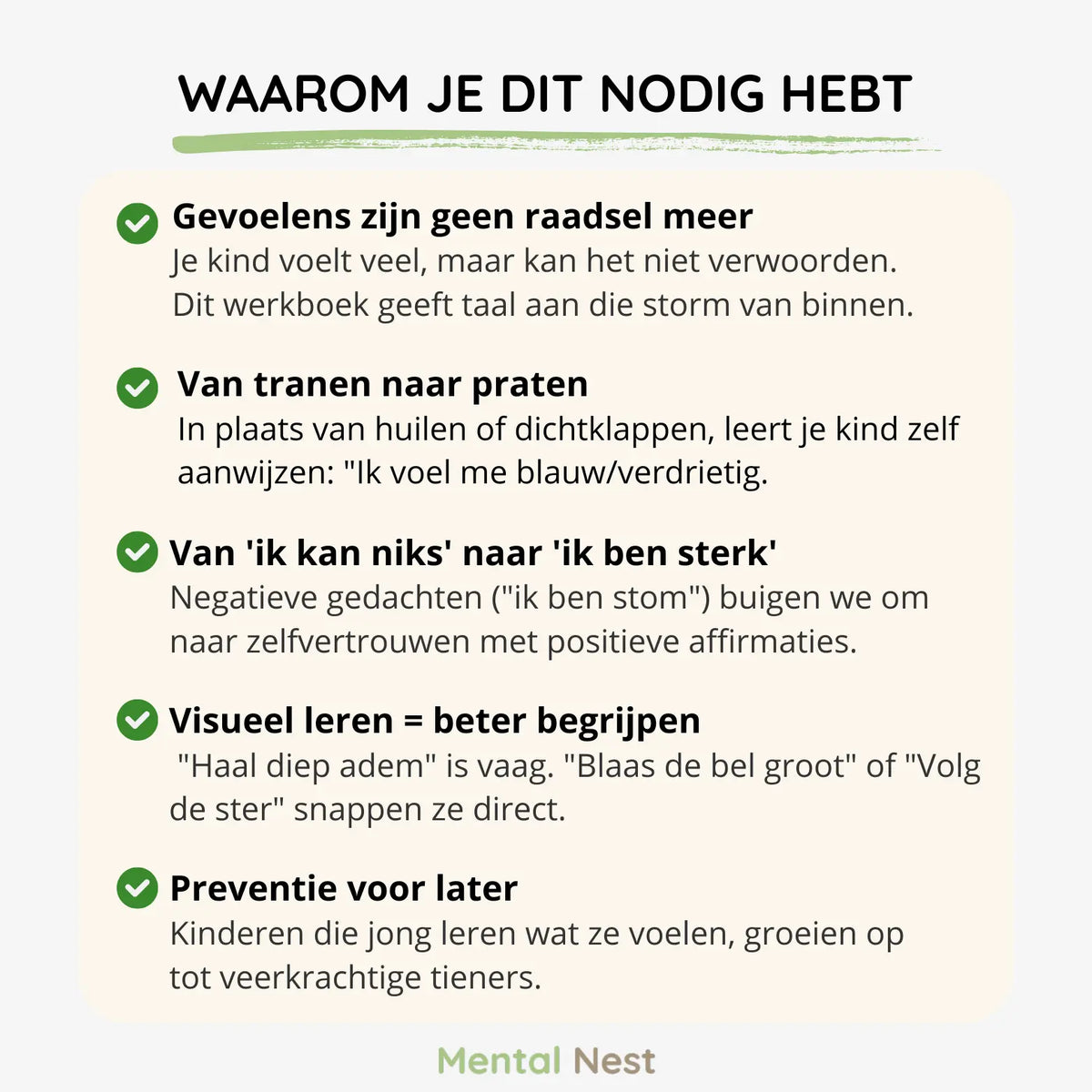 Checklist voordelen Grote Gevoelens Werkboek: Van tranen naar praten en emoties visueel begrijpen.