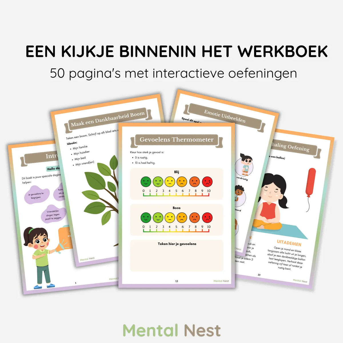 Voorbeeldpagina's uit het Grote Gevoelens Werkboek, inclusief oefeningen voor emotieherkenning, ademhalingsoefeningen en een overzicht van zelfzorgactiviteiten voor kinderen.