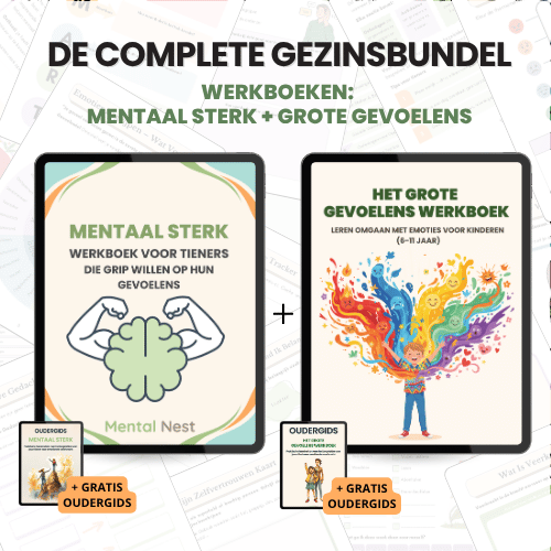 Gezinspakket 6–18 jaar: twee werkboeken (kind & tiener) + 2 gratis oudergidsen, directe PDF-download, 