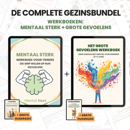 Gezinspakket 6–18 jaar: twee werkboeken (kind & tiener) + 2 gratis oudergidsen, directe PDF-download, 