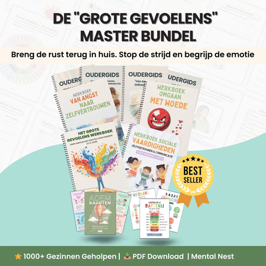Complete Grote Gevoelens Master Bundel van Mental Nest met 4 werkboeken over emoties, praktische oudergidsen en ademkaarten voor kinderen.