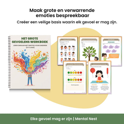 Het Grote Gevoelens werkboek voor kinderen met interactieve dagboekpagina's, emotie-trackers en tekenoefeningen voor meer rust in huis.