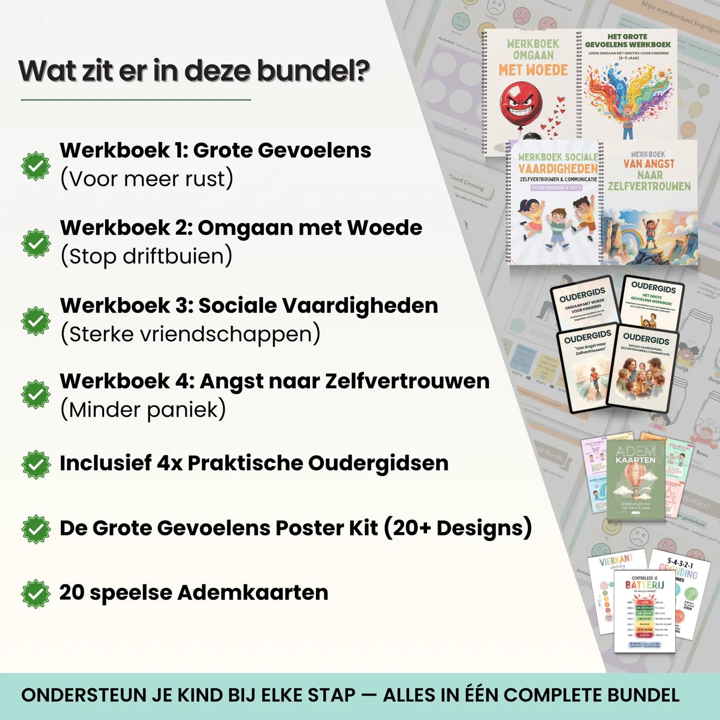 Overzicht van de Mental Nest emotie bundel inhoud: 4 werkboeken voor kinderen, 4 oudergidsen, 24 ademkaarten en emotie posters.