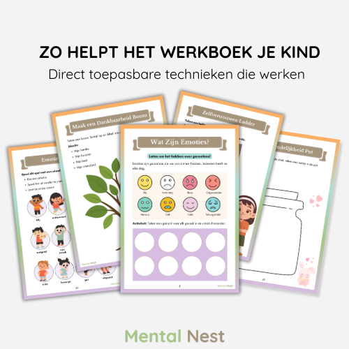  voorbeeldpagina's uit het Grote Gevoelens Werkboek, inclusief oefeningen voor emotieherkenning, ademhalingsoefeningen en een overzicht van zelfzorgactiviteiten voor kinderen.