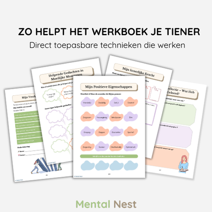 Illustratie van voorbeeldpagina's uit het werkboek 'Mentaal Sterk', met oefeningen voor emoties, angst en zelfvertrouwen