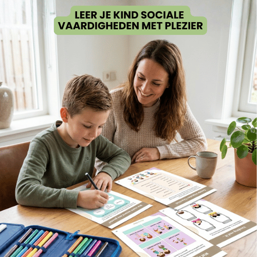 Kind oefent spelenderwijs sociale vaardigheden met het uitgeprinte Mental Nest werkboek aan de eettafel.