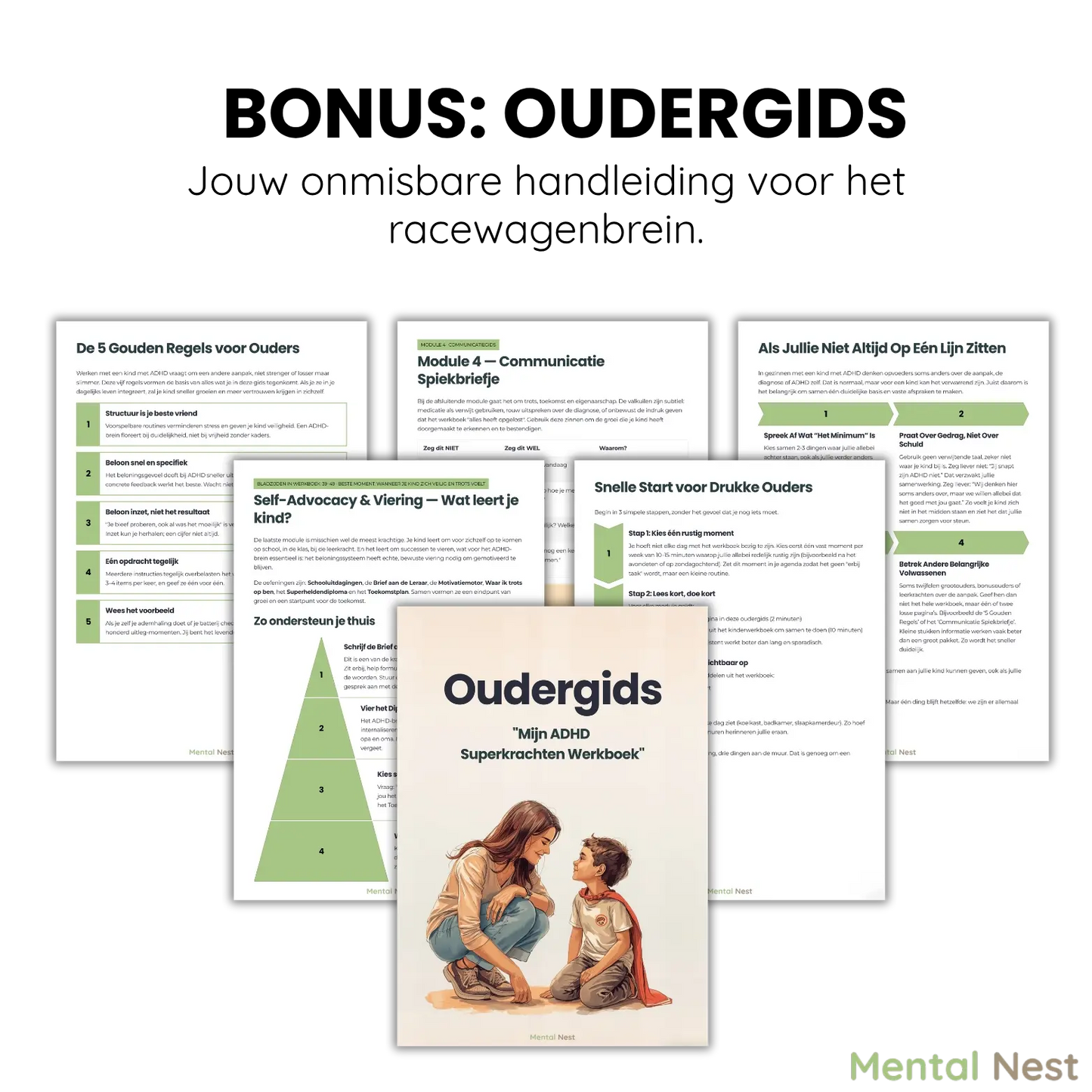 De gratis Bonus Oudergids bij het ADHD Werkboek. Een praktische handleiding voor ouders om kinderen met een racewagenbrein beter te begrijpen en te ondersteunen.
