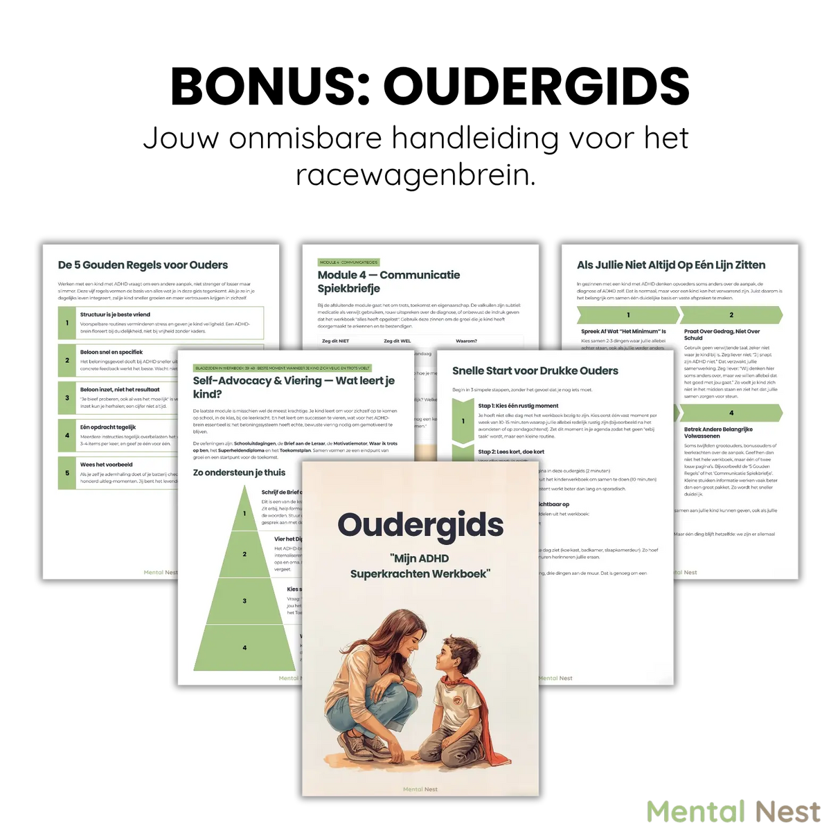 De gratis Bonus Oudergids bij het ADHD Werkboek. Een praktische handleiding voor ouders om kinderen met een racewagenbrein beter te begrijpen en te ondersteunen.
