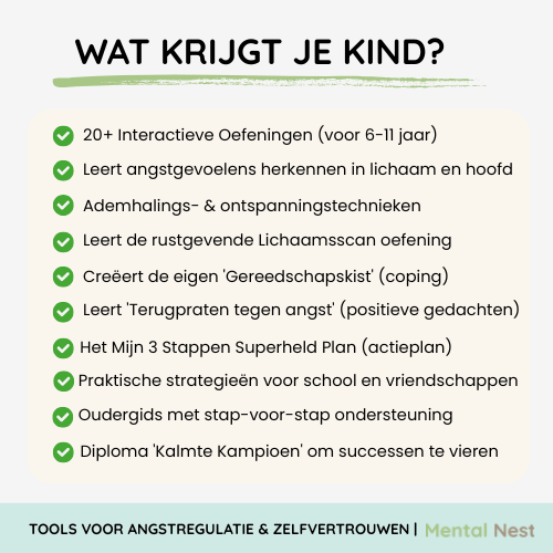 Inhoud van werkboek zoals herkennen van angstgevoelens in lichaam en het hoofd, leert terugpraten tegen angst, enz..