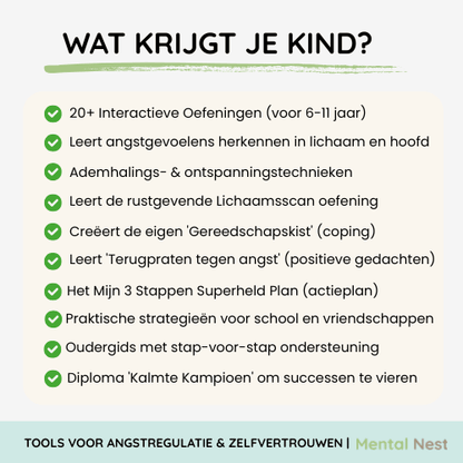 Inhoud van werkboek zoals herkennen van angstgevoelens in lichaam en het hoofd, leert terugpraten tegen angst, enz..