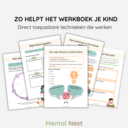 Binnenkant van het angst werkboek met creatieve werkbladen, de angstthermometer en oefeningen om het angstmonster te tekenen.
