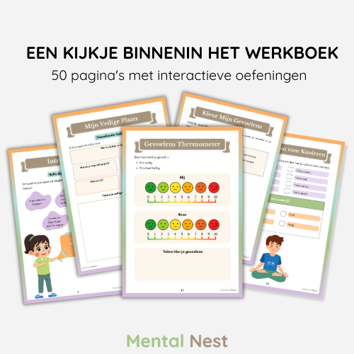  voorbeeldpagina's uit het Grote Gevoelens Werkboek, inclusief oefeningen voor emotieherkenning, ademhalingsoefeningen en een overzicht van zelfzorgactiviteiten voor kinderen.