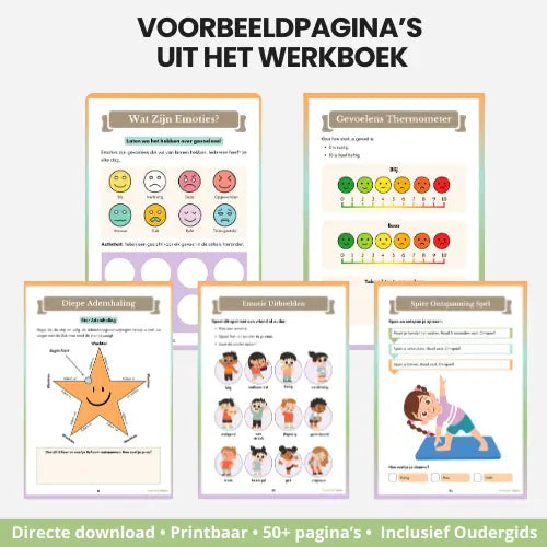  voorbeeldpagina's uit het Grote Gevoelens Werkboek, inclusief oefeningen voor emotieherkenning, ademhalingsoefeningen en een overzicht van zelfzorgactiviteiten voor kinderen.