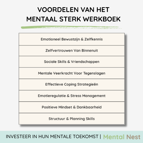 Overzicht van de voordelen van het Mentaal Sterk Werkboek voor tieners, met onderwerpen als Emotioneel Bewustzijn, Zelfvertrouwen en Sociale Skills