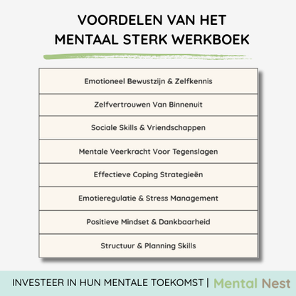 Overzicht van de voordelen van het Mentaal Sterk Werkboek voor tieners, met onderwerpen als Emotioneel Bewustzijn, Zelfvertrouwen en Sociale Skills