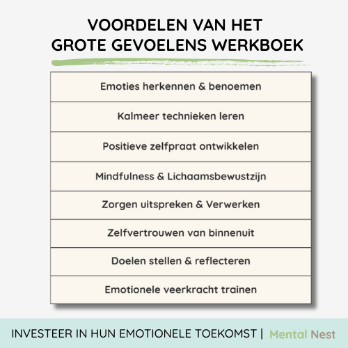 Voordelen van het Grote Gevoelens Werkboek - Emoties herkennen en benoemen, kalmeertechnieken leren, positieve zelfspraak ontwikkelen, zelfvertrouwen trainen.