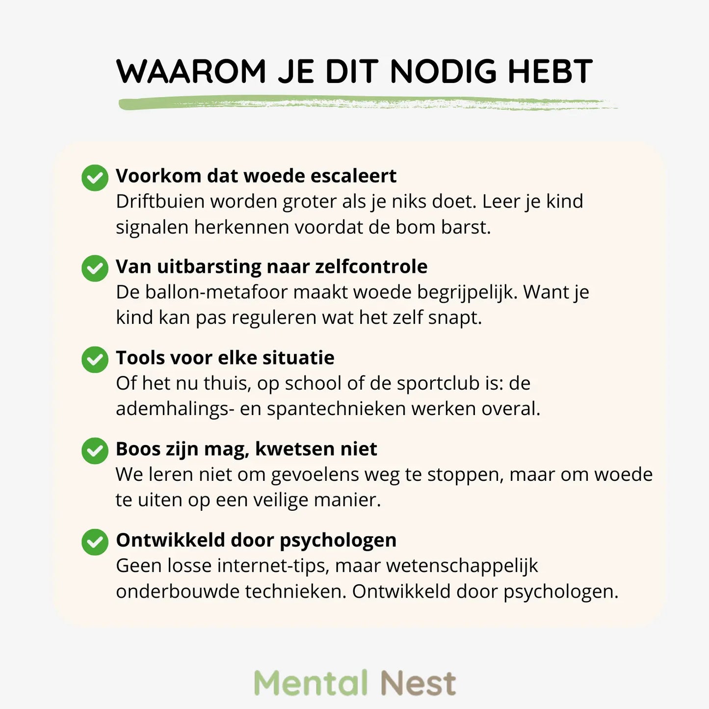 uitleg over de noodzaak van het werkboek 'Omgaan met Woede' voor kinderen, met punten over woederegulatie en tools