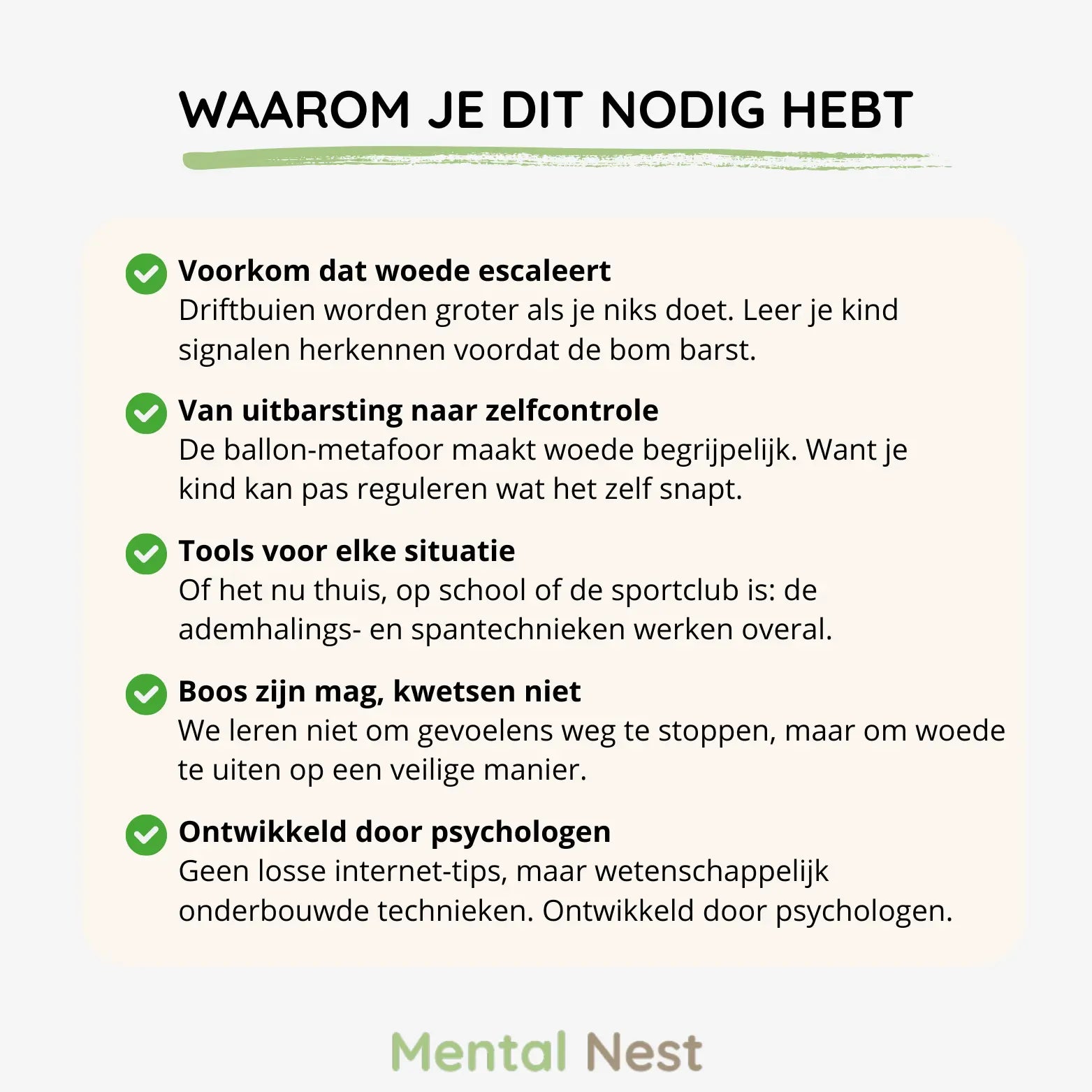 uitleg over de noodzaak van het werkboek 'Omgaan met Woede' voor kinderen, met punten over woederegulatie en tools
