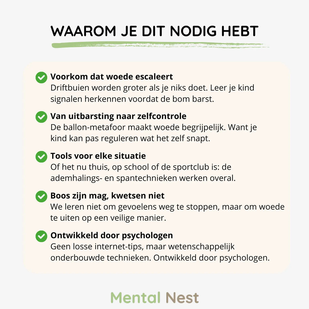 uitleg over de noodzaak van het werkboek 'Omgaan met Woede' voor kinderen, met punten over woederegulatie en tools