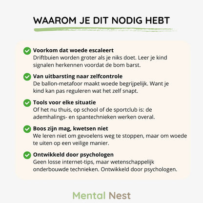 uitleg over de noodzaak van het werkboek 'Omgaan met Woede' voor kinderen, met punten over woederegulatie en tools