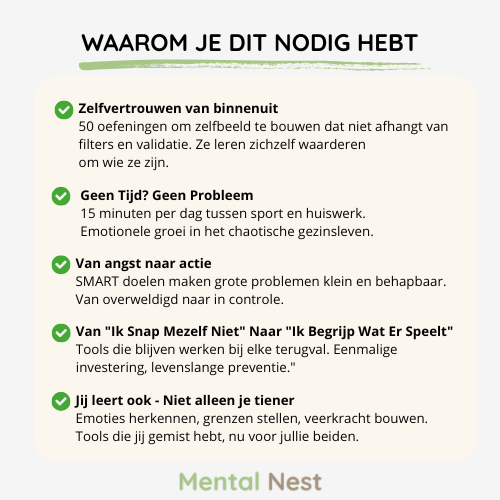 Uitleg waarom het Mentaal Sterk Werkboek belangrijk is voor tieners en ouders