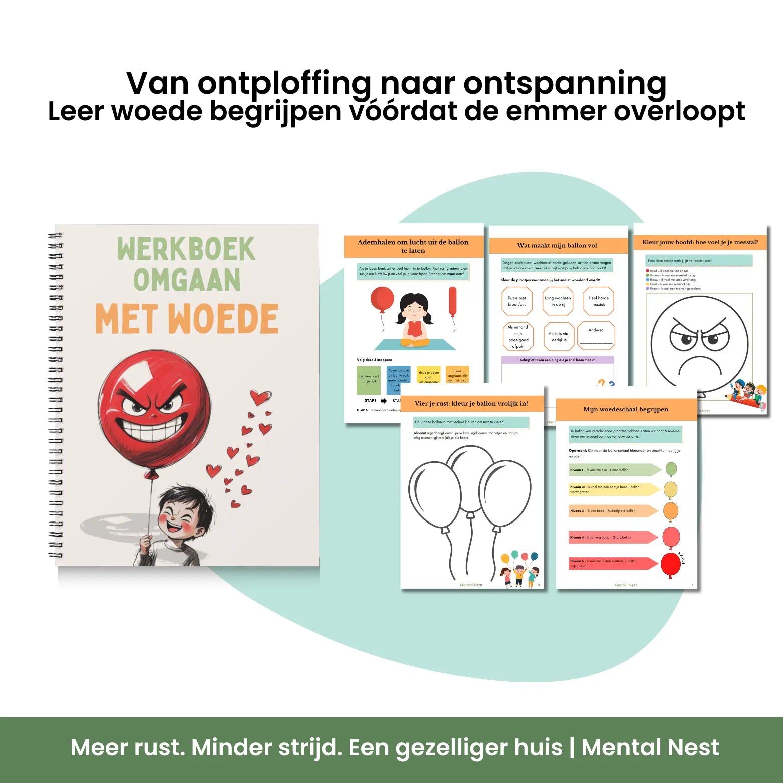 Binnenkant van het werkboek Omgaan met Woede voor kinderen, met praktische oefeningen zoals de gevoelsthermometer en ademhalingstools.