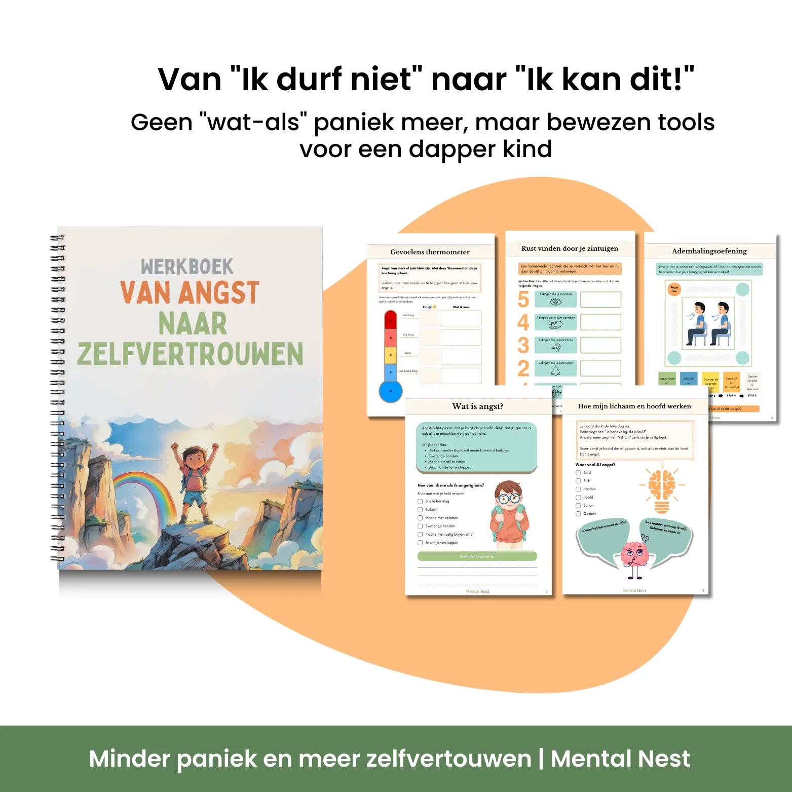 Voorbeeldpagina's uit het werkboek Van Angst naar Zelfvertrouwen, inclusief anti-paniek oefeningen en dapperheid-tools voor kinderen.
