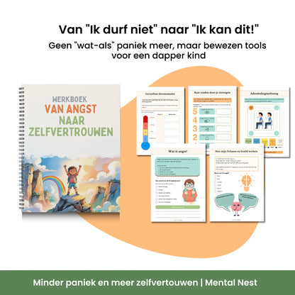 Voorbeeldpagina's uit het werkboek Van Angst naar Zelfvertrouwen, inclusief anti-paniek oefeningen en dapperheid-tools voor kinderen.
