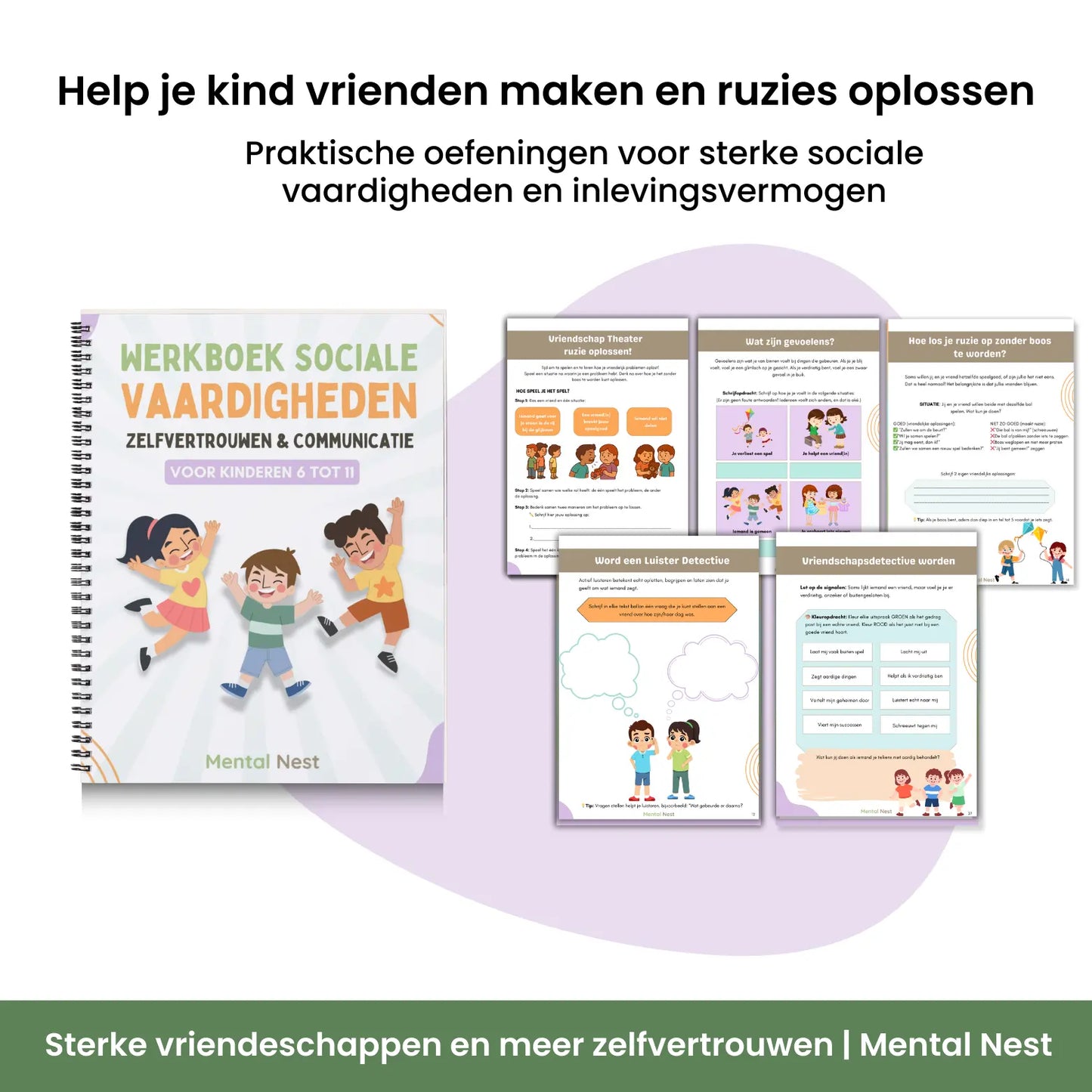 Werkboek Sociale Vaardigheden voor kinderen om ruzies op te lossen en vrienden te maken, inclusief inlevingsvermogen oefeningen.